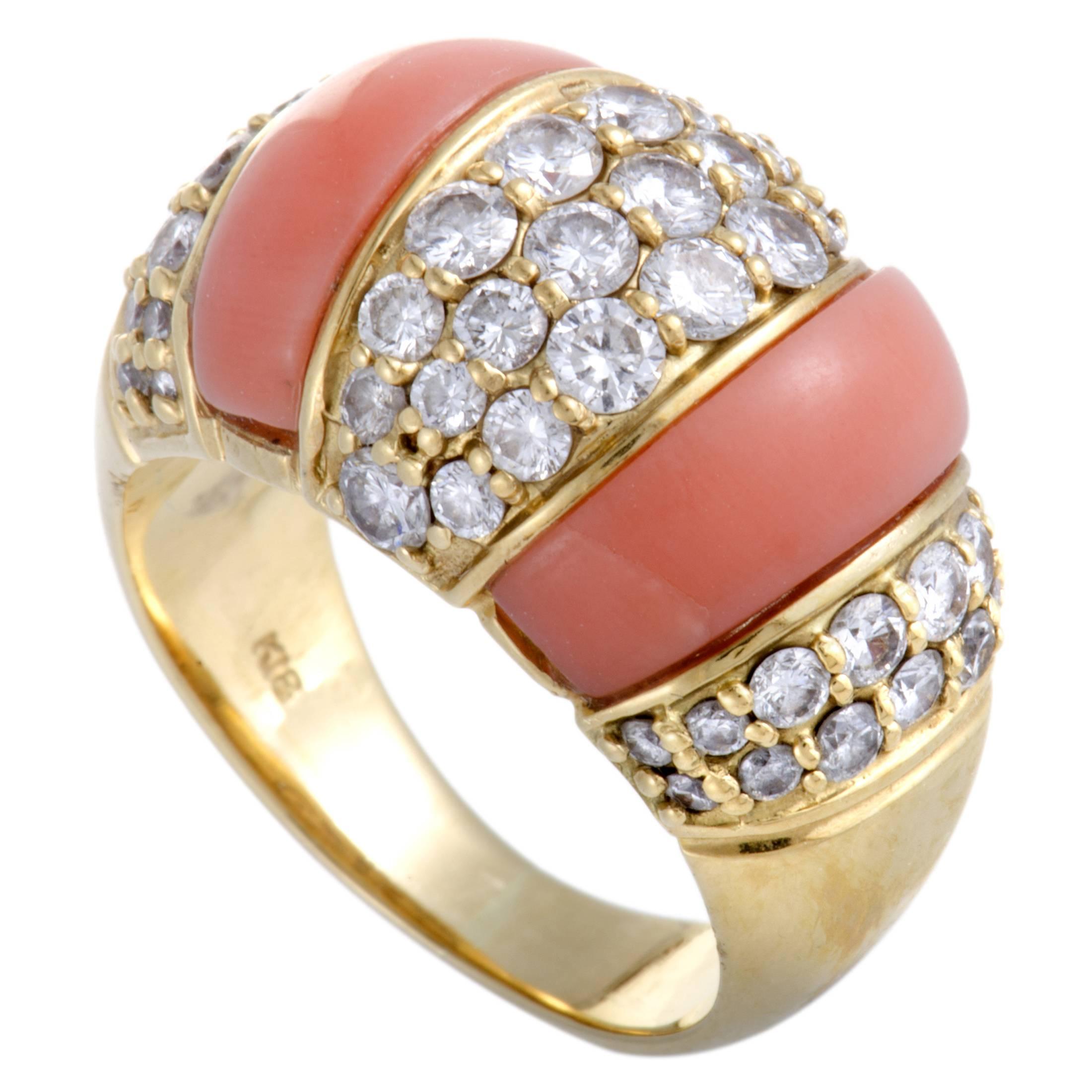 Diamond Pave and Coral Bombe Gold Ring