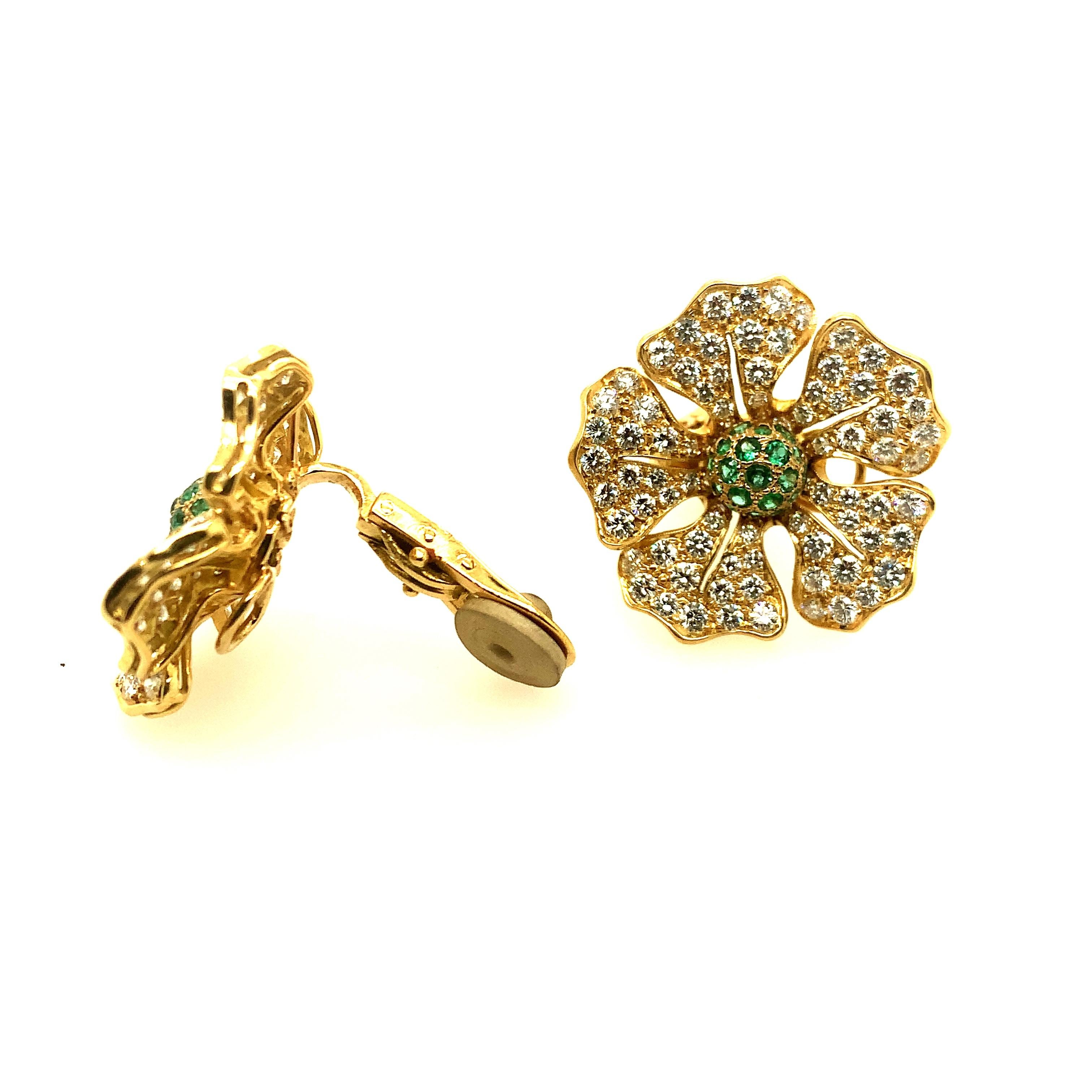 Women's or Men's Diamond Pave and Emerald Flower Earrings