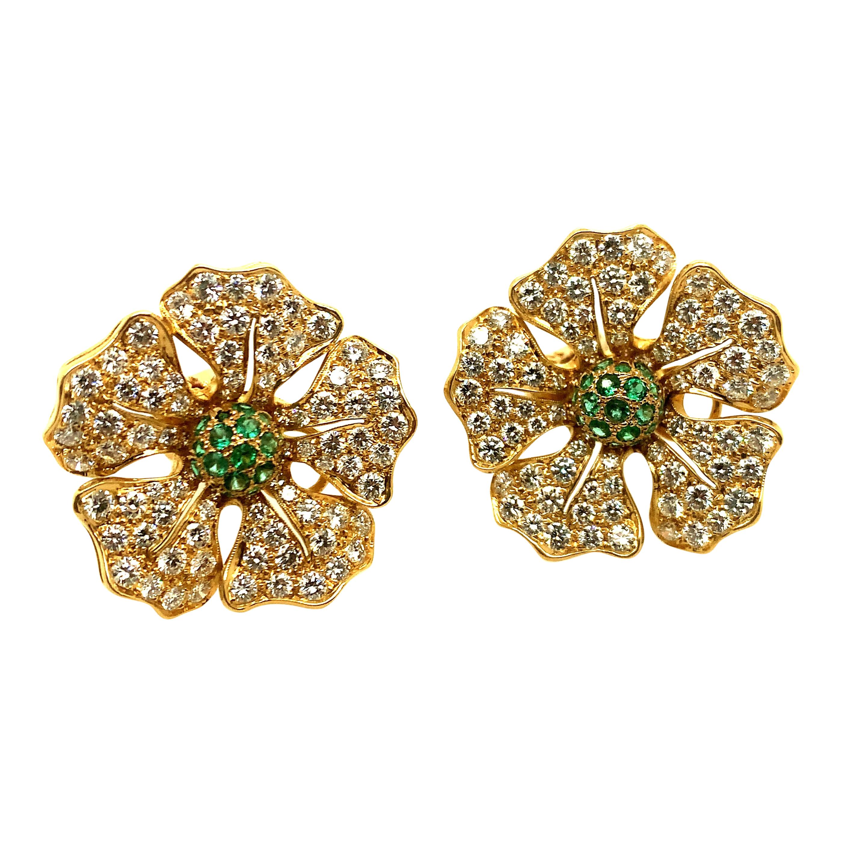 Diamond Pave and Emerald Flower Earrings