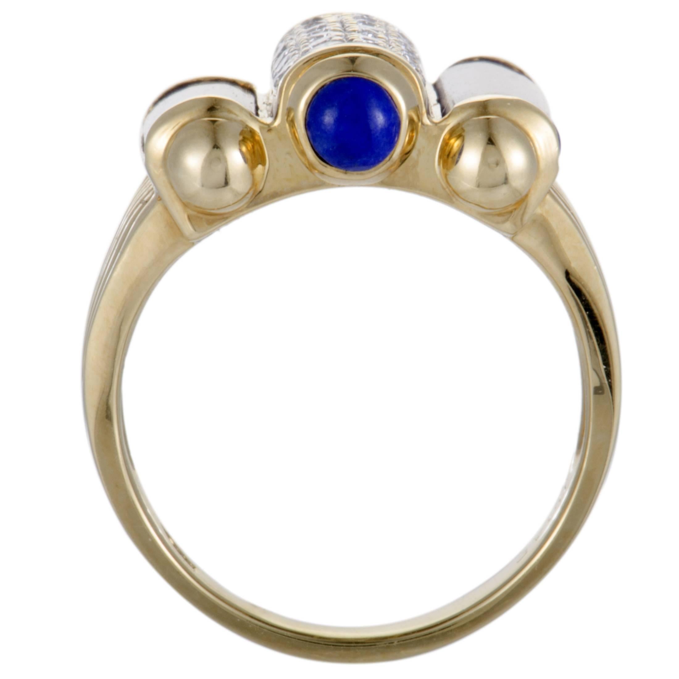 Gorgeously designed and wonderfully decorated, this 18K yellow gold ring boasts an exceptionally prestigious and refined appeal. The beautiful ring is adorned with 0.42ct of sparkling diamonds and mesmerizing lapis lazuli stones that add vibrance