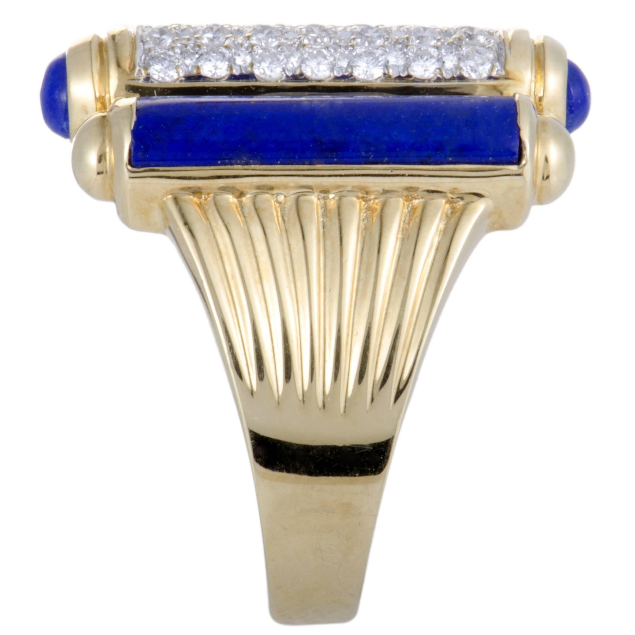 Round Cut Diamond Pave and Lapis Lazuli Gold Ring