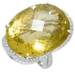 Diamond Pave and Large Lemon Citrine Platinum Oval Ring