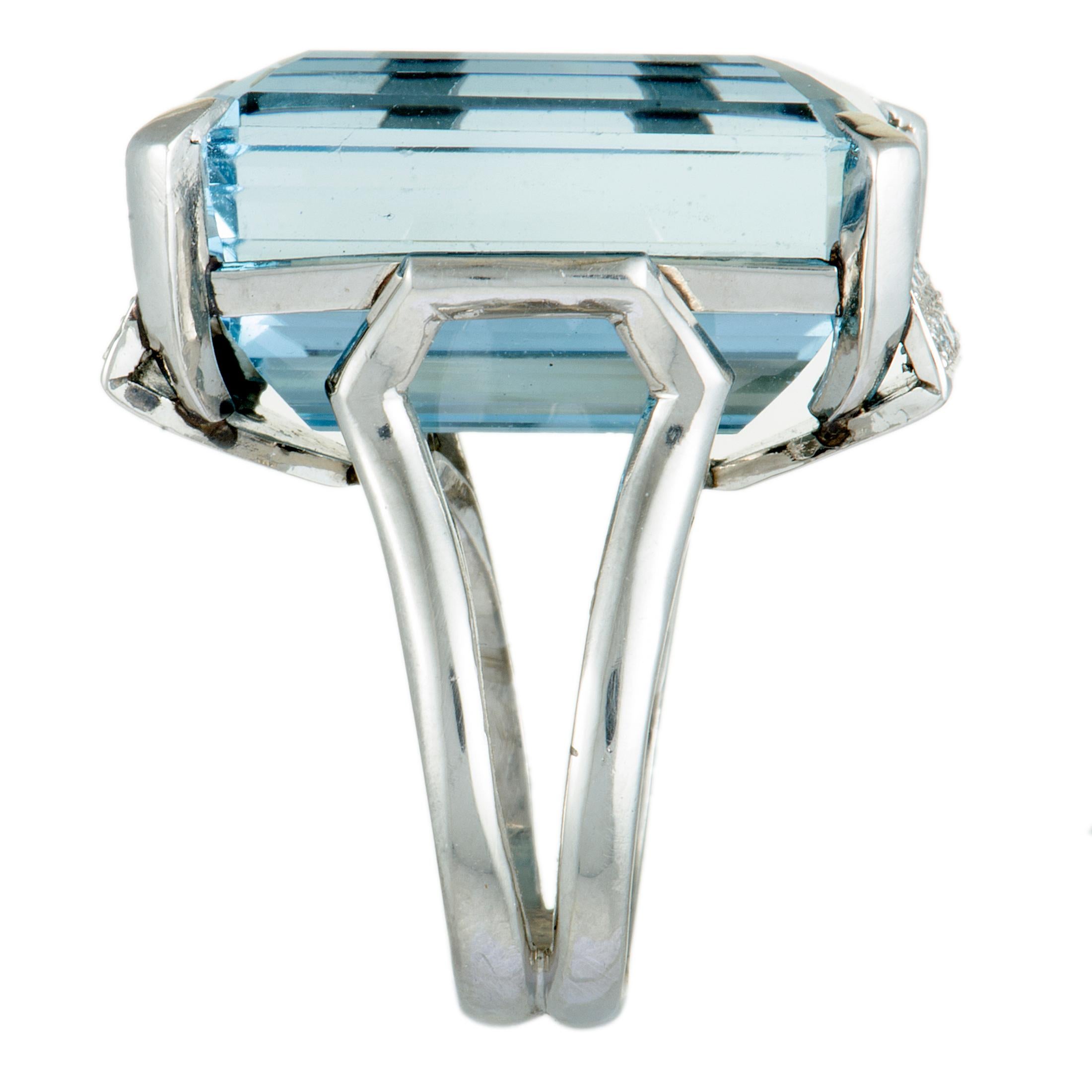 Diamond Pave and Large Rectangle Topaz Platinum Ring In Excellent Condition In Southampton, PA