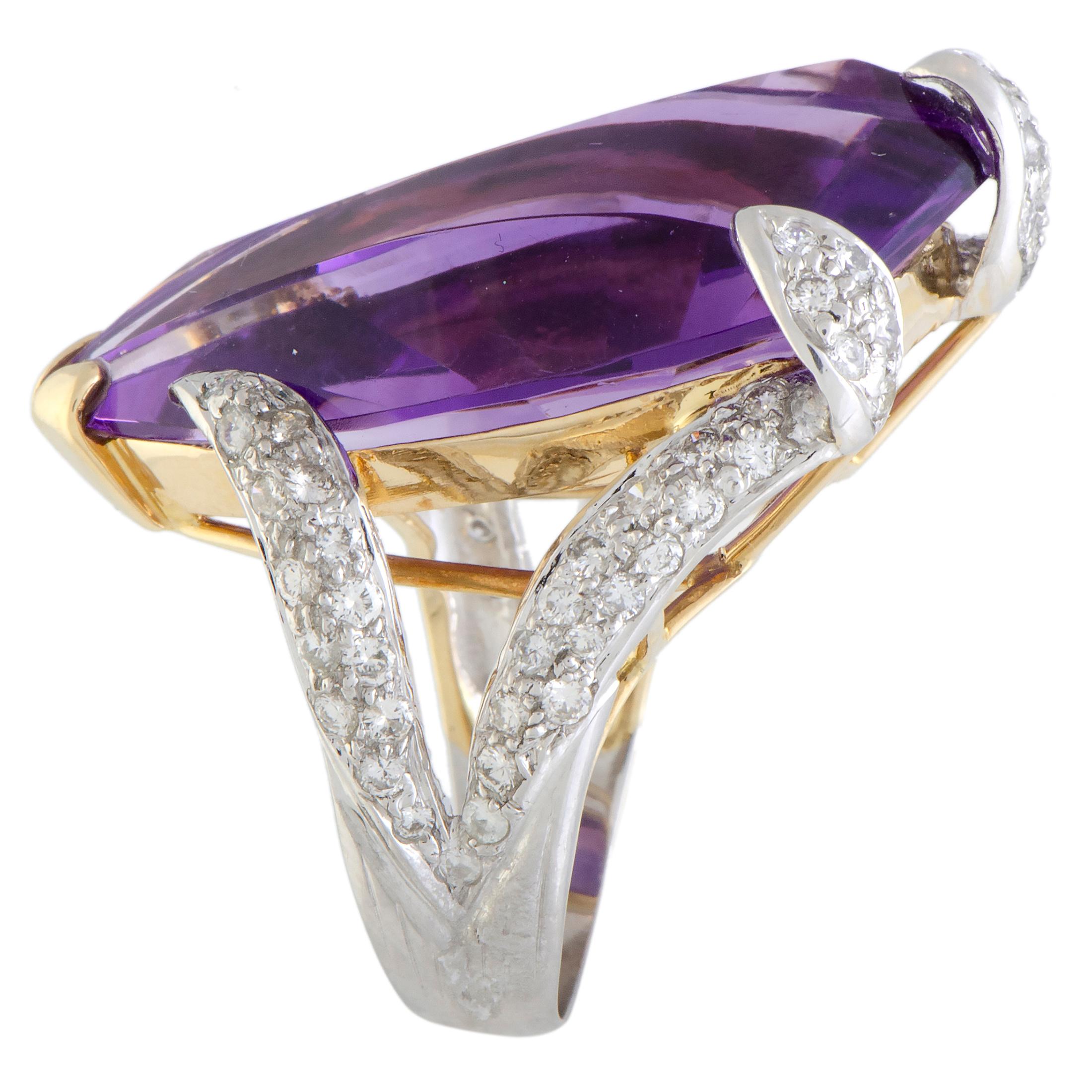 Diamond Pave and Large Teardrop Amethyst Platinum and Yellow Gold Ring In Excellent Condition In Southampton, PA