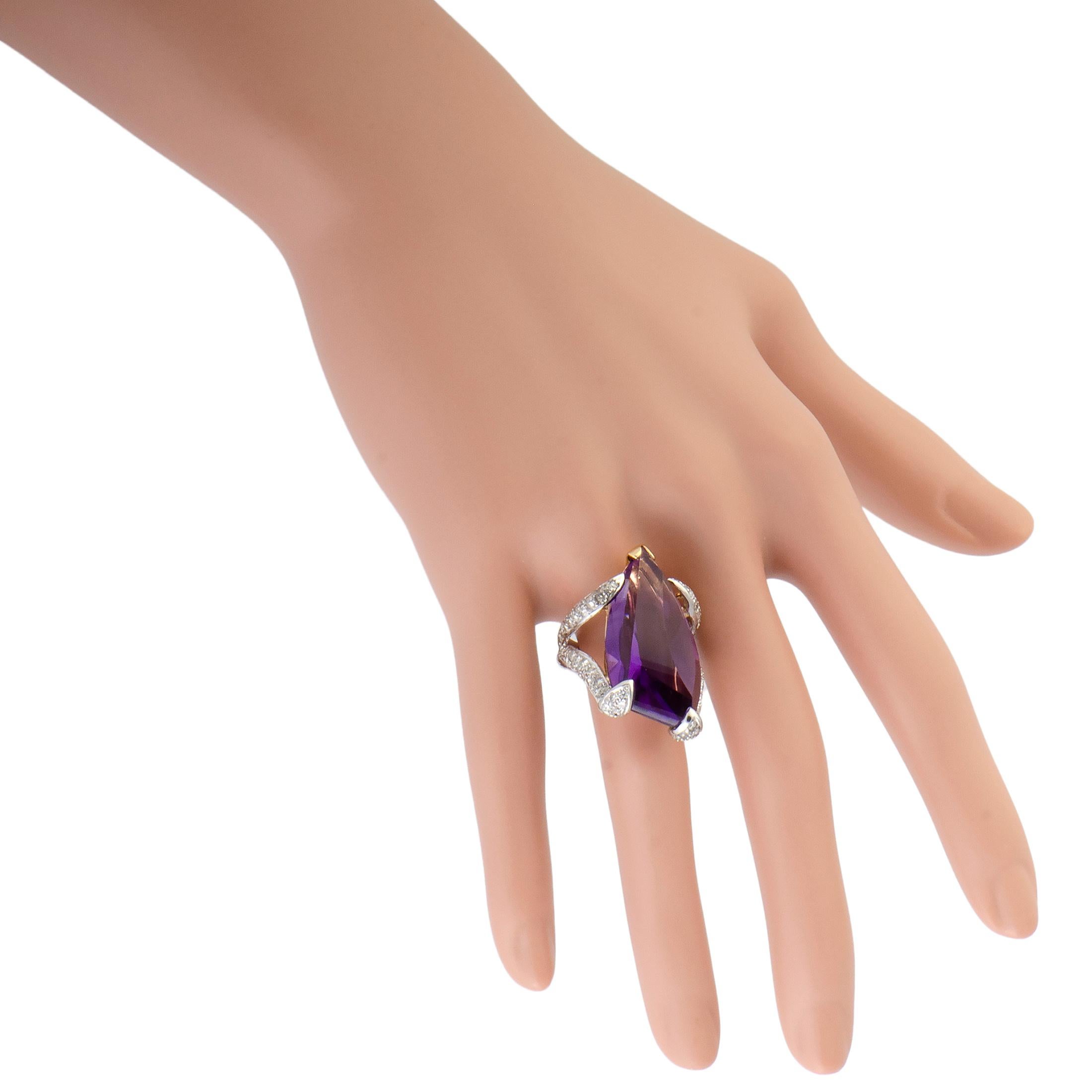 Women's Diamond Pave and Large Teardrop Amethyst Platinum and Yellow Gold Ring