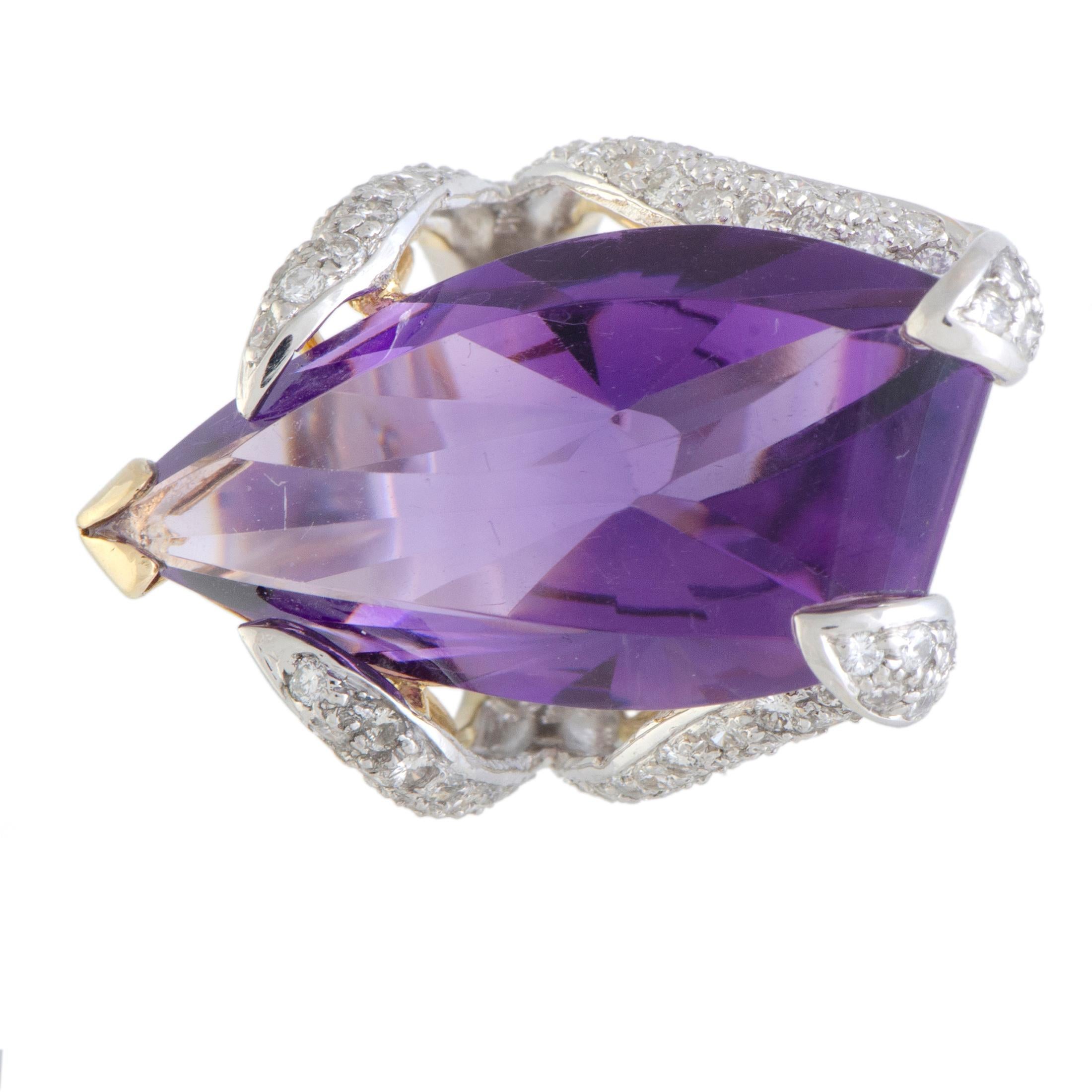 Diamond Pave and Large Teardrop Amethyst Platinum and Yellow Gold Ring 1