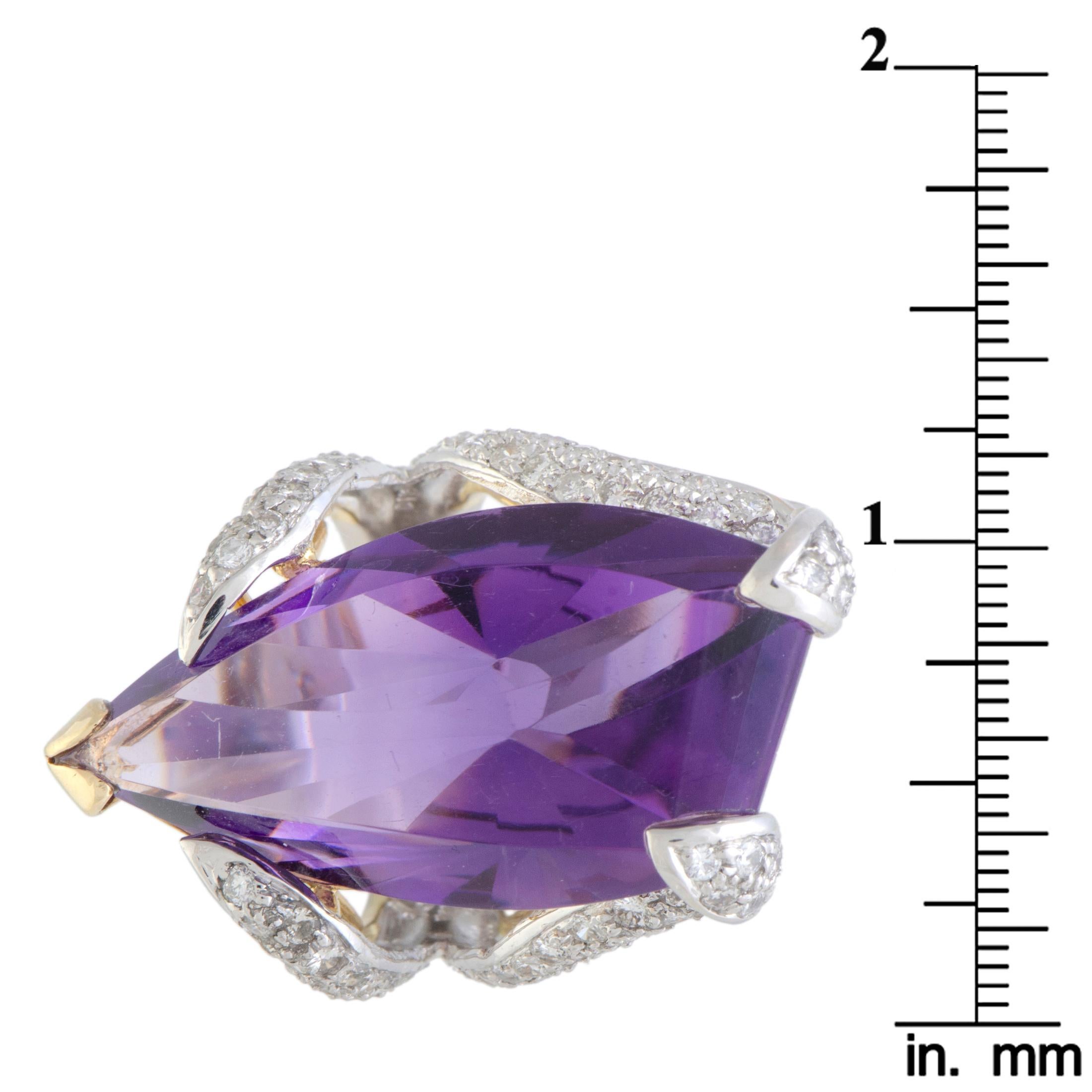 Diamond Pave and Large Teardrop Amethyst Platinum and Yellow Gold Ring 2
