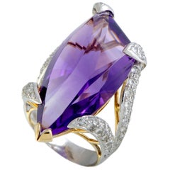 Vintage Diamond Pave and Large Teardrop Amethyst Platinum and Yellow Gold Ring