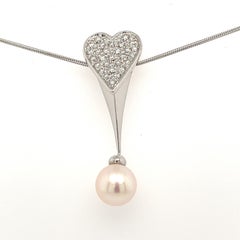 Diamond Pave and Pearl Drop Pendant with Heart Shape White Gold Setting