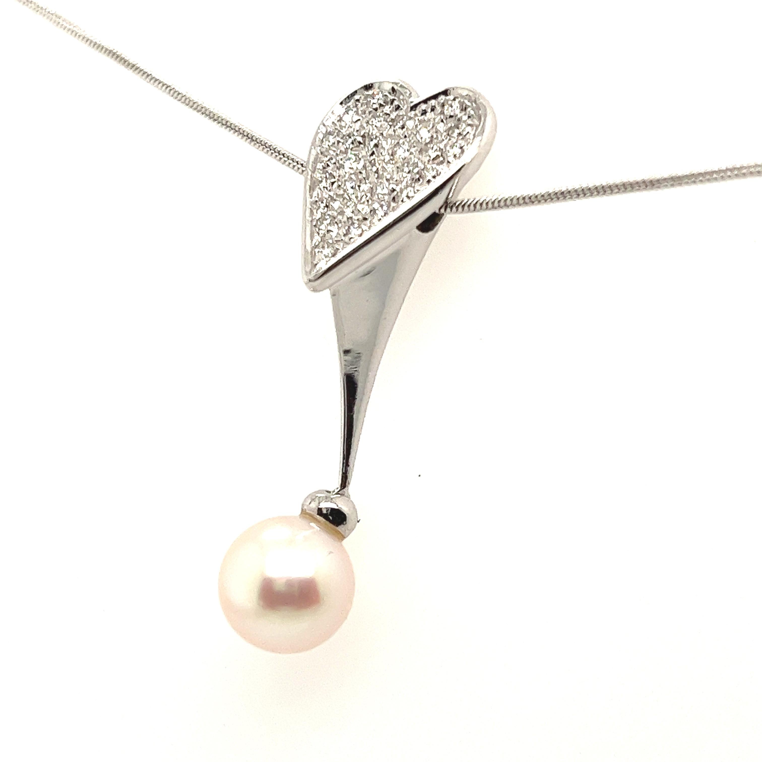 Modern Diamond Pave and Pearl Drop Pendant with Heart Shape White Gold Setting For Sale