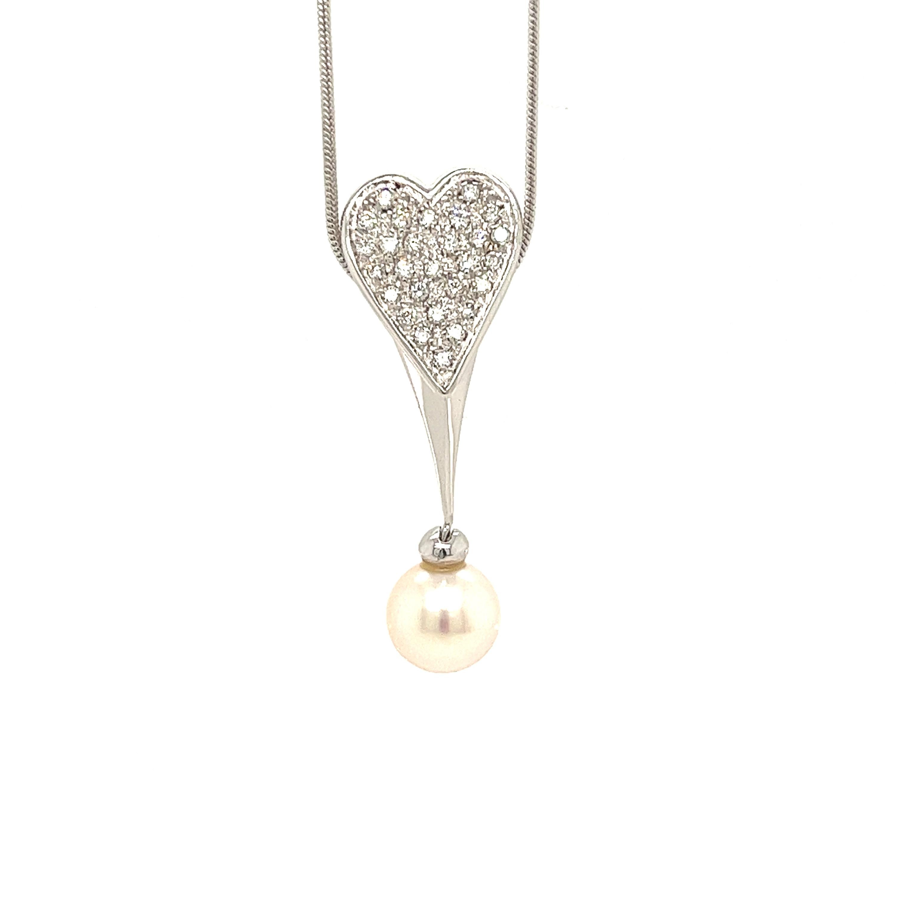 Women's Diamond Pave and Pearl Drop Pendant with Heart Shape White Gold Setting For Sale