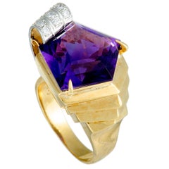 Diamond Pave and Pentagon Amethyst Yellow Gold and Platinum Ring