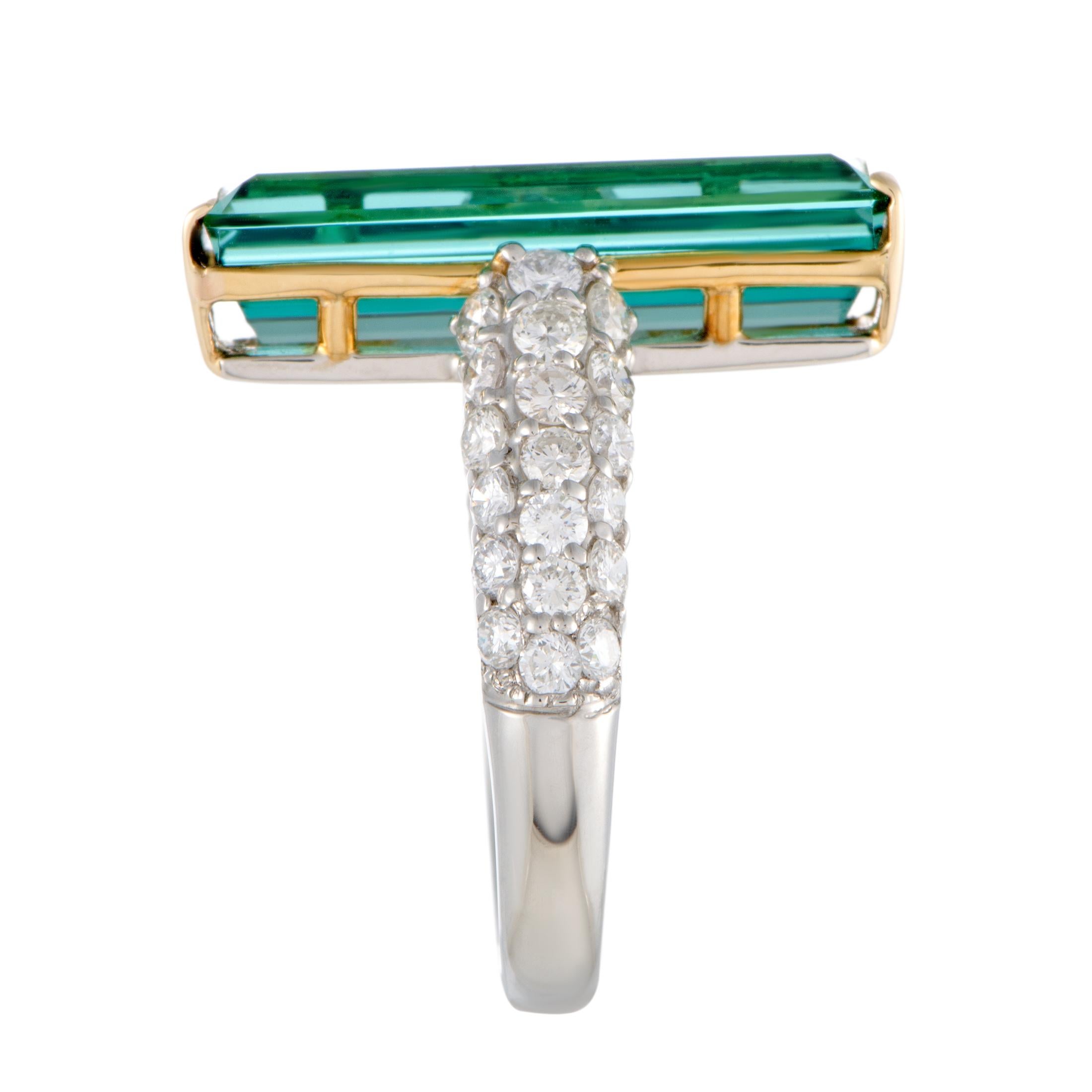 Diamond Pave and Rectangle Blue Tourmaline Platinum and Yellow Gold Ring In Excellent Condition In Southampton, PA