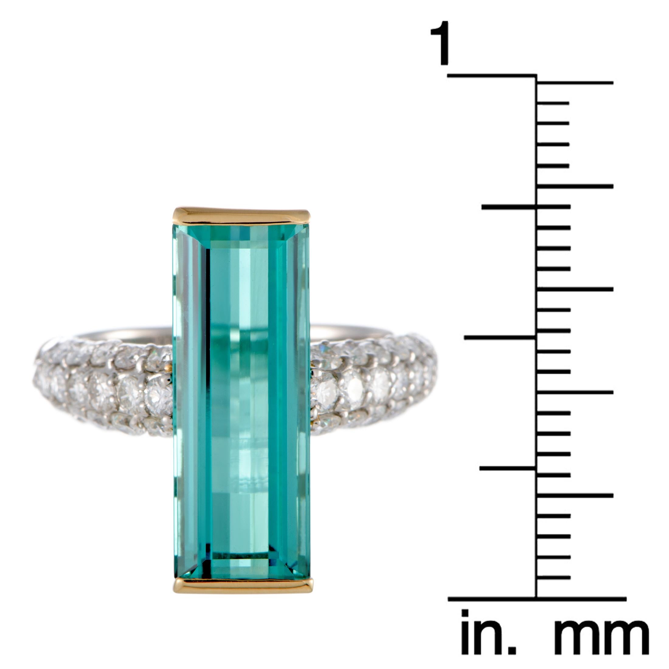 Diamond Pave and Rectangle Blue Tourmaline Platinum and Yellow Gold Ring 2