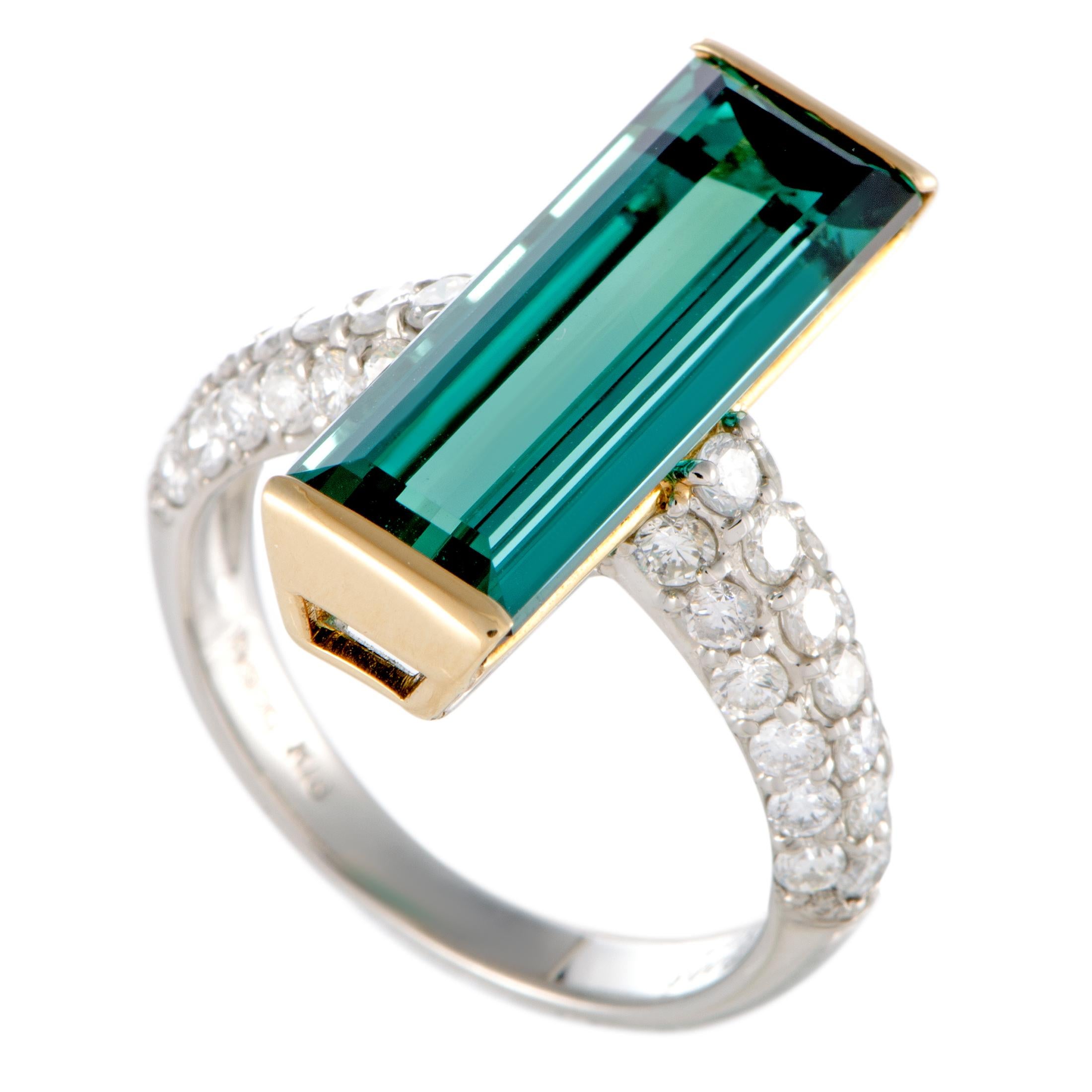 Diamond Pave and Rectangle Blue Tourmaline Platinum and Yellow Gold Ring