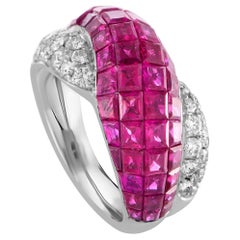 Diamond Pave and Ruby Invisible Setting Crisscross White Gold Band Ring