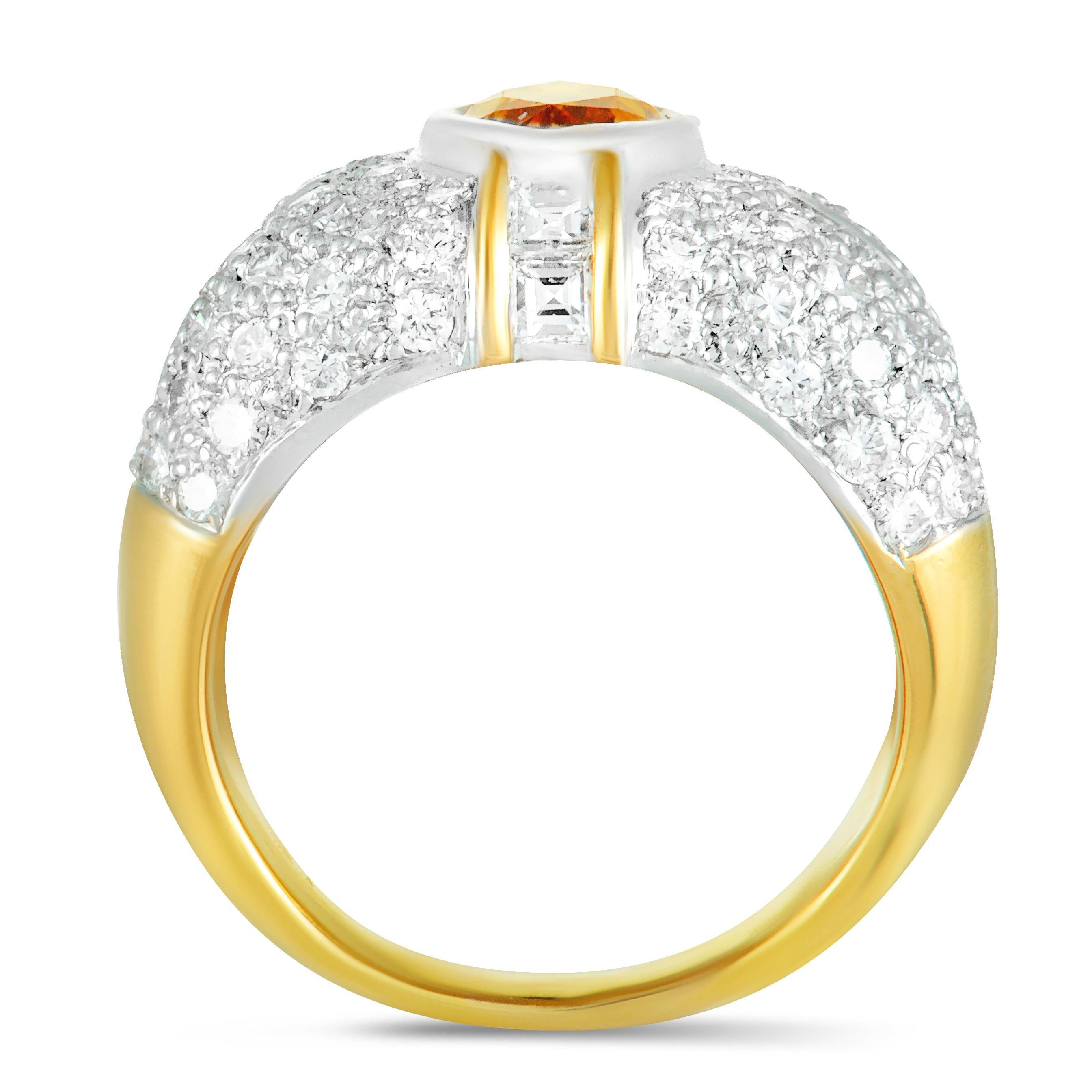 Elevate your style in a remarkably extravagant manner with this spectacular jewelry piece that is beautifully crafted from 18K white and 18K yellow gold and lavishly decorated with a plethora of attractive gems. The ring is set with a sublime yellow