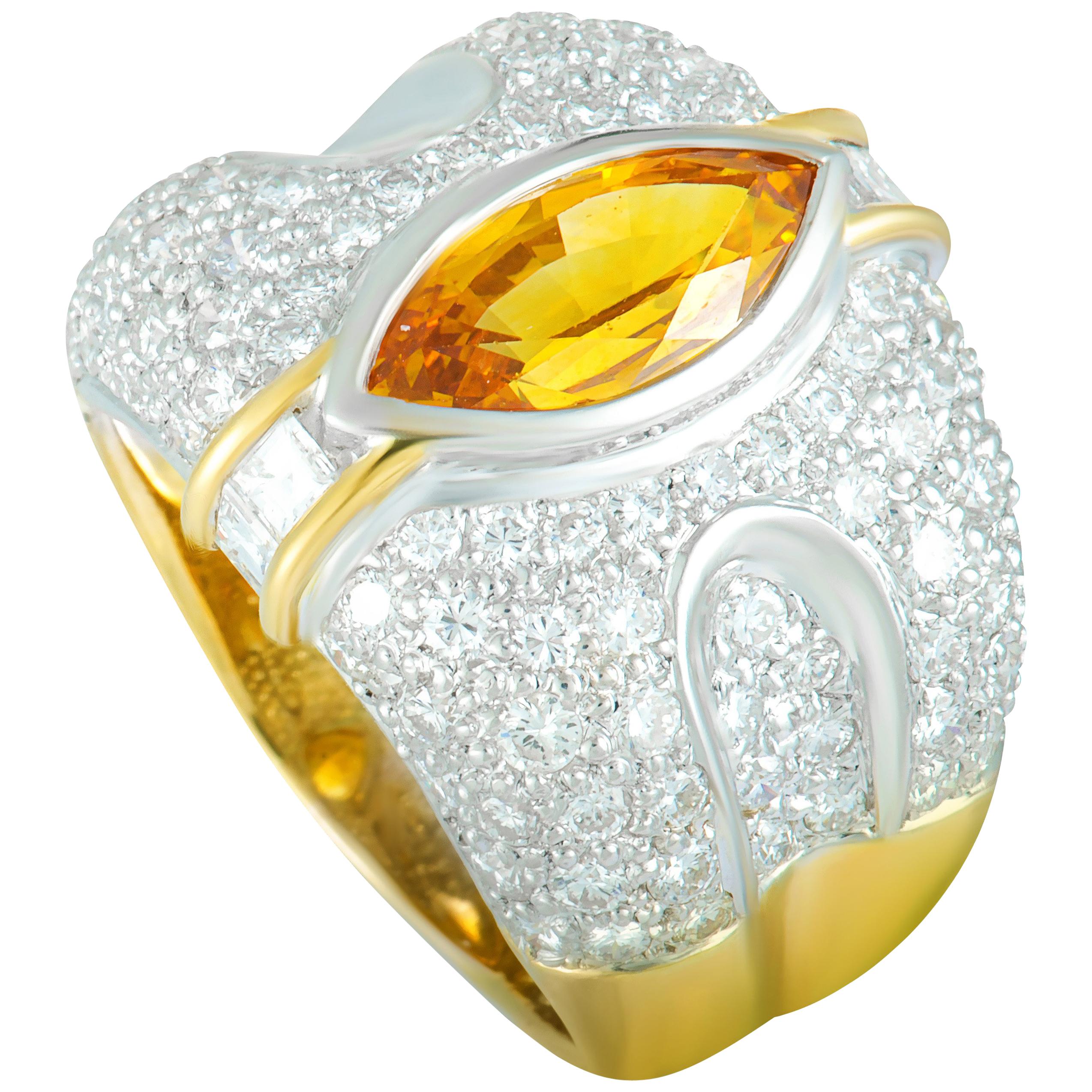 Diamond Pave and Yellow Sapphire Marquise White and Yellow Gold Wide Band Ring
