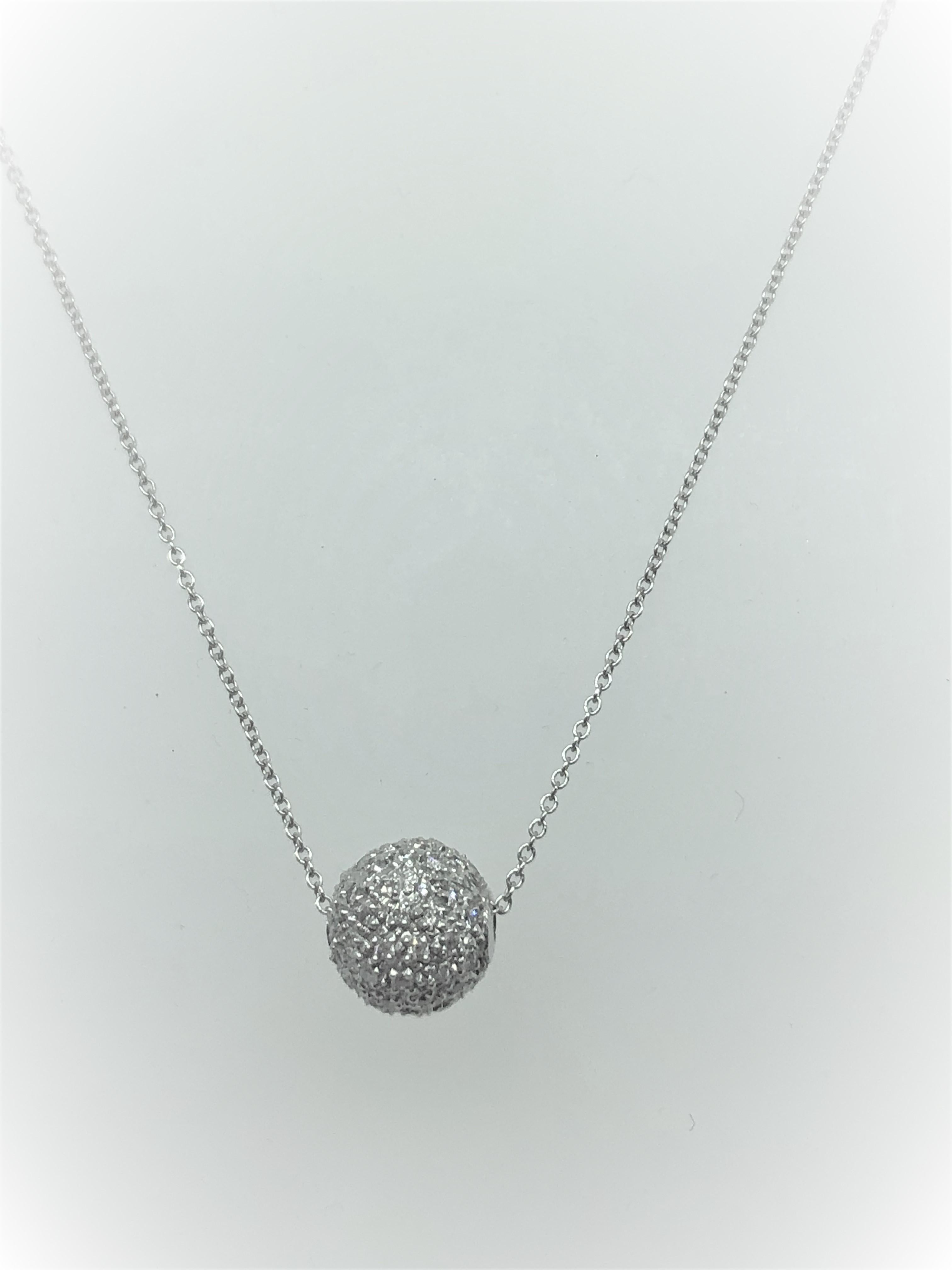 Diamond Pave Ball Pendant 0.85 carats

Total Carat Weight of Diamond 0.85 carats

F/G Color VS Clarity

Diamond Ball measures 11.0mm

Set in 14K White Gold

With 16
