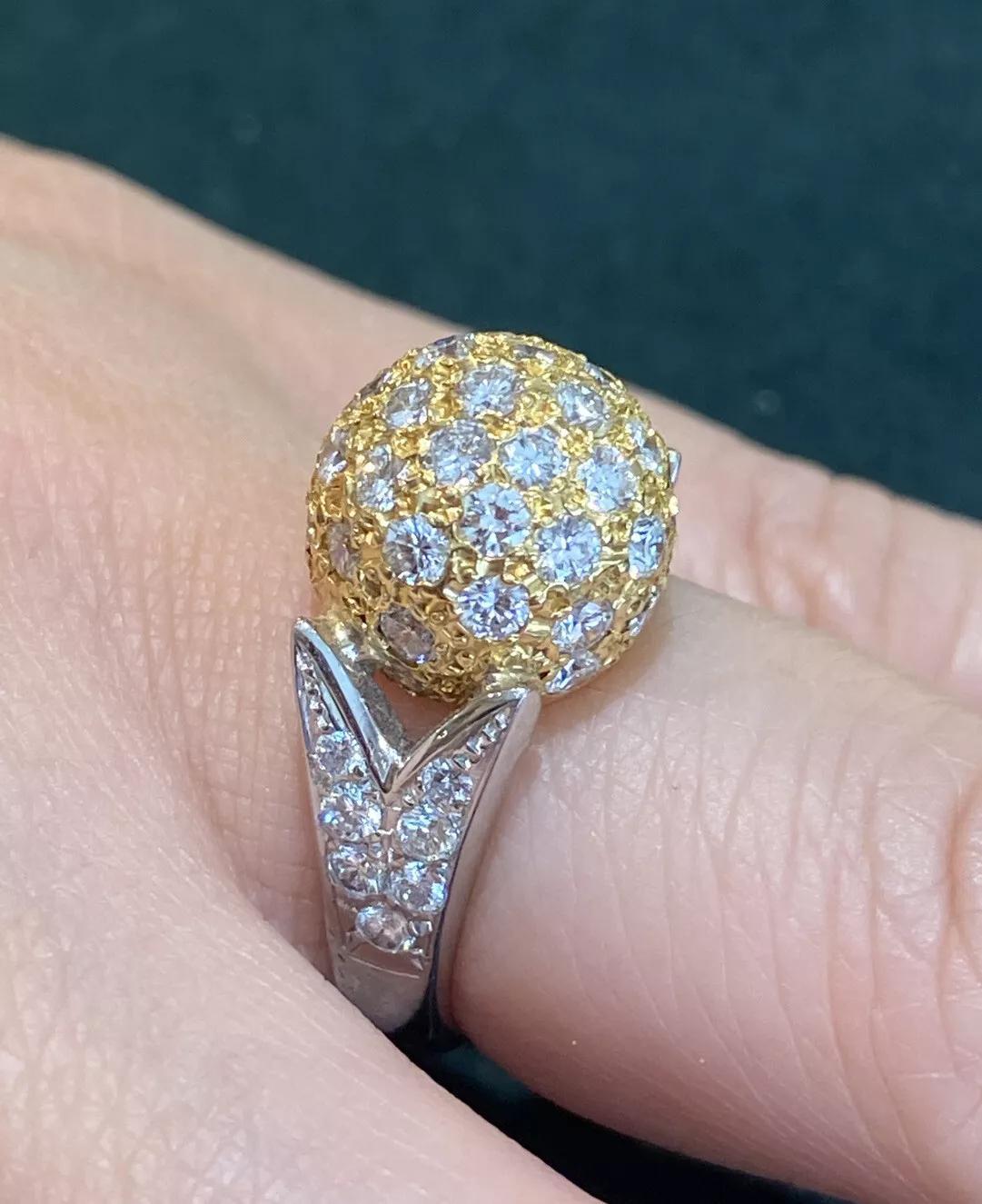 Round Cut Diamond Pave Ball Ring with 2.00 carat in Platinum and 18k Yellow Gold For Sale