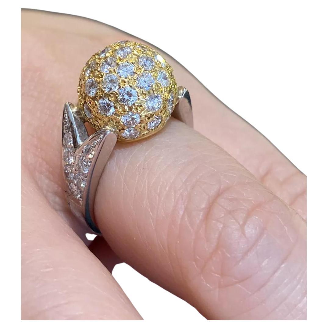 Diamond Pave Ball Ring with 2.00 carat in Platinum and 18k Yellow Gold For Sale