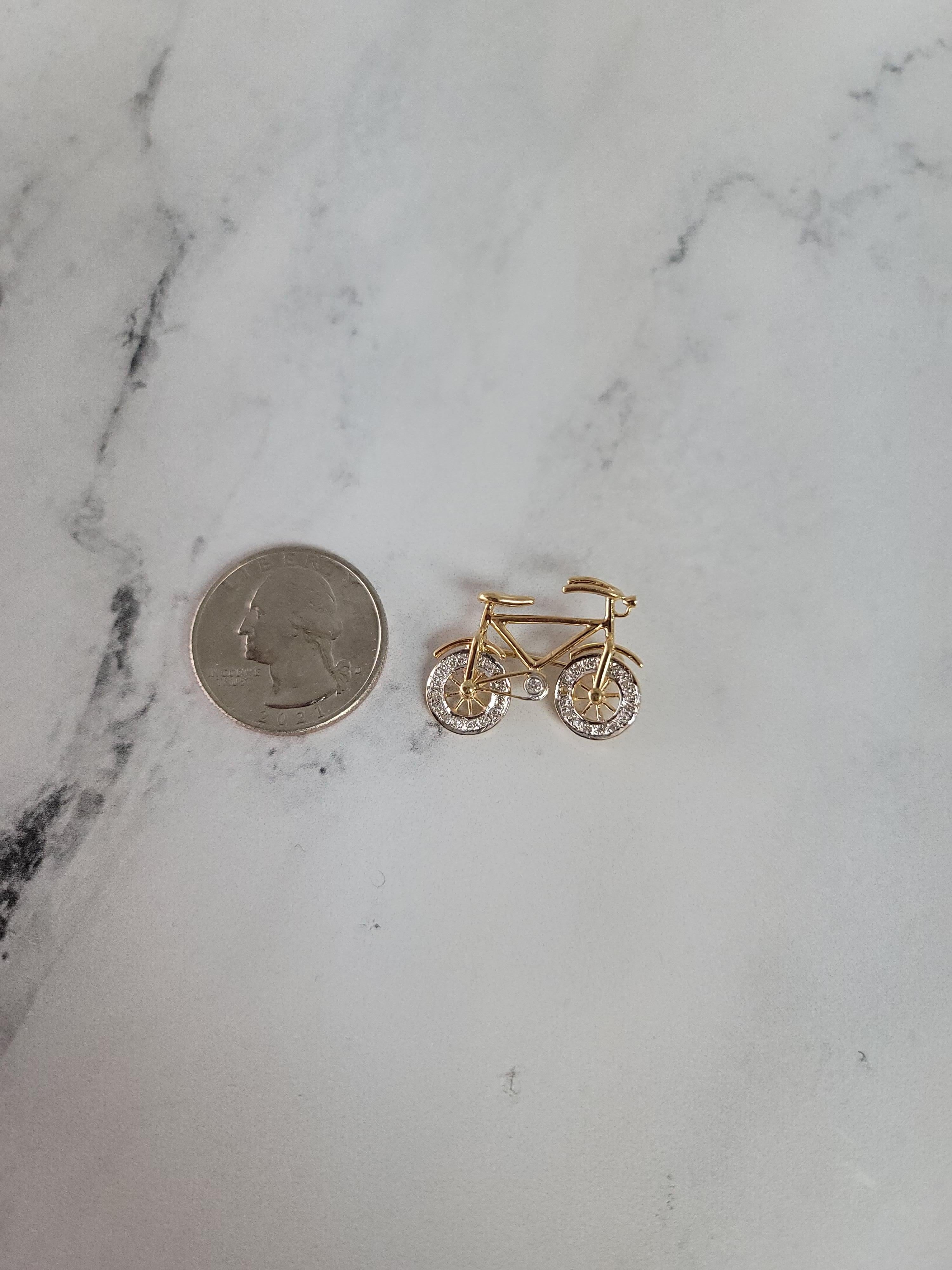 Diamond Pave Bicycle Brooch 14k Yellow Gold In New Condition In Sugar Land, TX