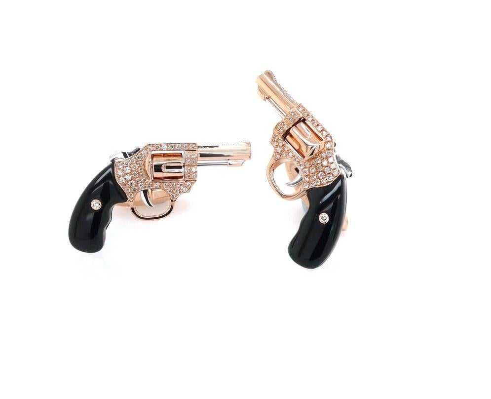 Diamond Pave Black Onyx Gem Luxury Gun Revolver 18 Karat Gold Mens Cufflinks

Natural Gemstone & Diamonds 1.20 CTW. Available in 18 karat yellow, rose and white gold alloys. 
Made to Order Luxury Cufflinks - Customizable
This is a combination of