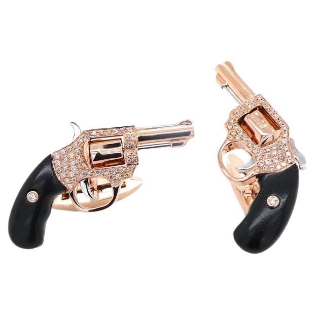 Diamond Pave Black Onyx Gem Luxury Gun Revolver 18 Karat Gold Mens Cufflinks For Sale