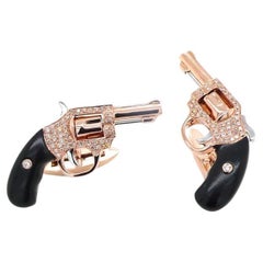 Used Diamond Pave Black Onyx Gem Luxury Gun Revolver 18 Karat Gold Mens Cufflinks