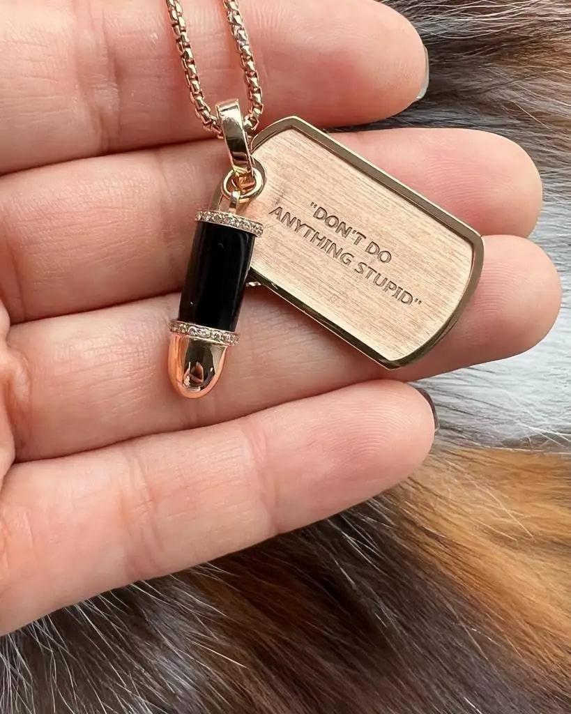 Round Cut Diamond Pave Onyx Bullet Dog Tag 18 Karat Gold Amulet Charm Pendant Necklace For Sale