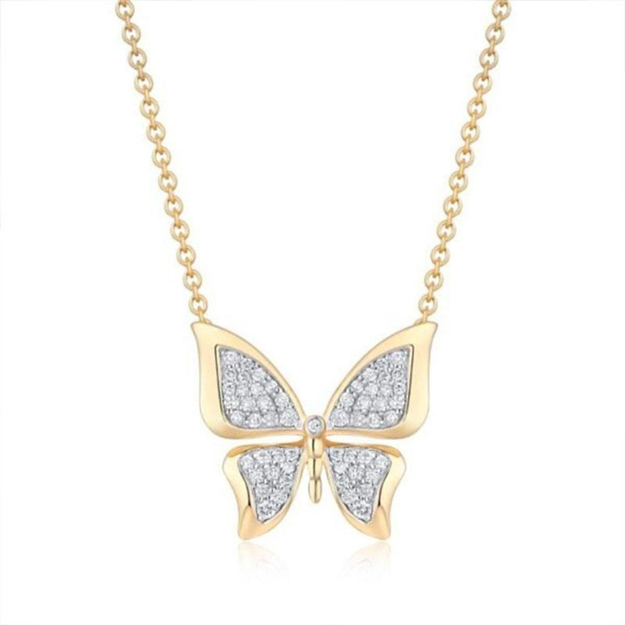 Collier en or jaune 14K avec pendentif papillon pavé de diamants