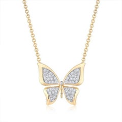 Collier en or jaune 14K avec pendentif papillon pavé de diamants