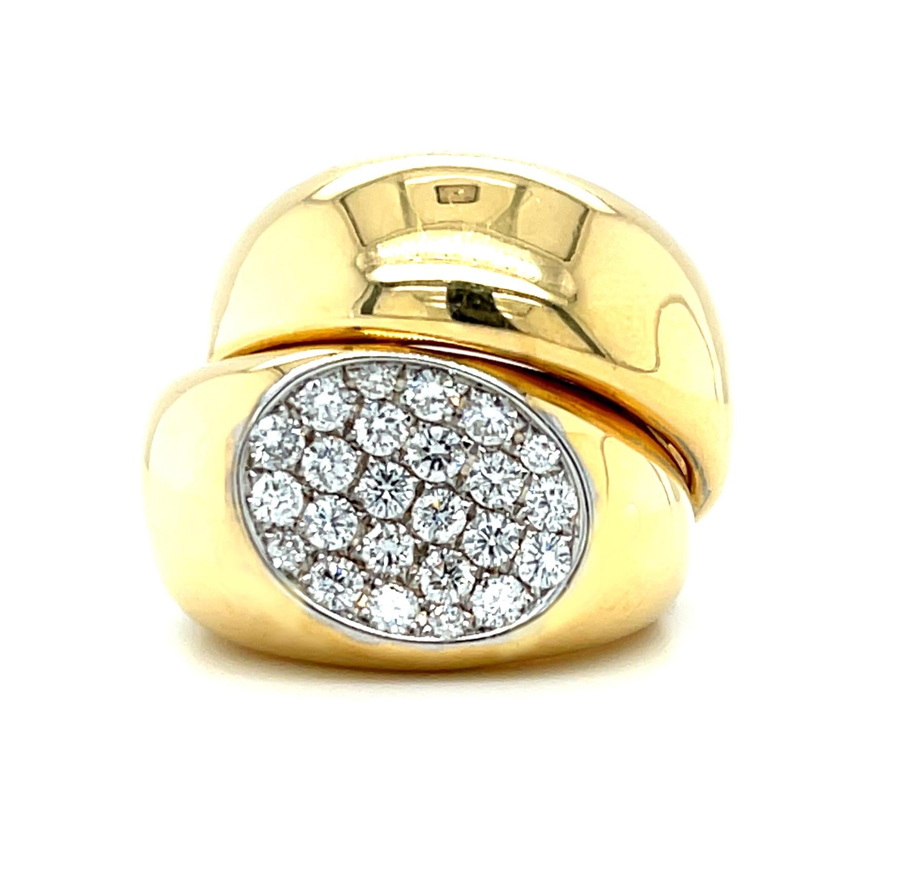 This uniquely stacked design yellow gold ring is large and bold! Talk about a 