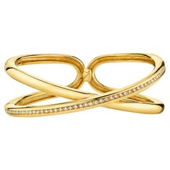 Diamond Pave Channel Criss-Cross "X" Yellow Gold Italian Bangle Cuff Bracelet