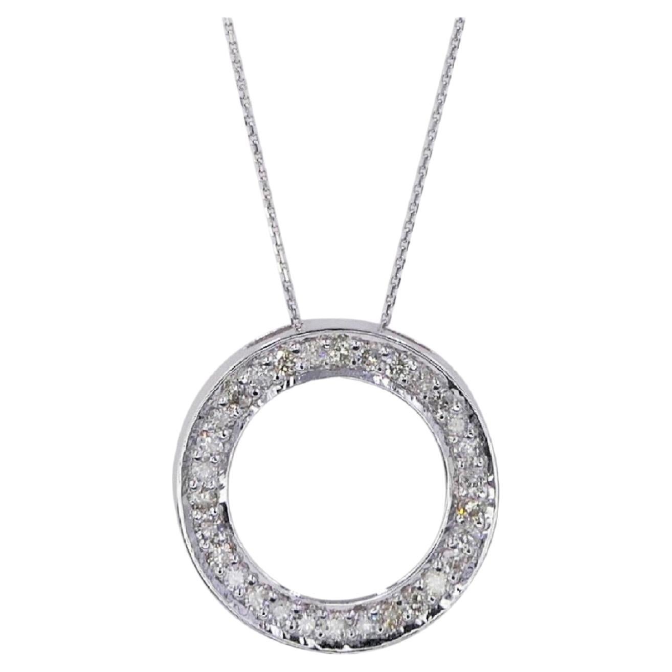 Diamond Pave Circle Round 14K White Gold Statement Casual Chain Necklace Pendant