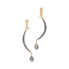 Diamond Pave Crescent Drop Earrings with Labradorite Briolettes