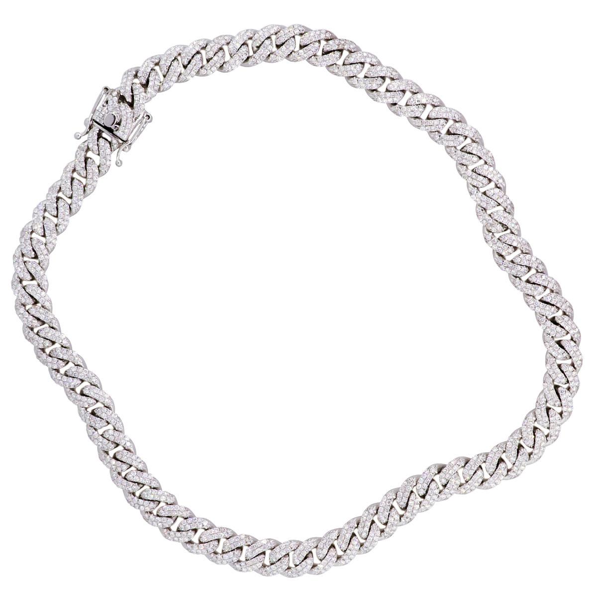Material: 14k white gold
Diamond Details: Approx. 15.37ctw of round cut diamonds. Diamonds are G/H in color and VS in clarity
Measurements: Necklace measures 18.25″ in length.
Fastening: Tongue in box clasp with double safety latch
Item Weight: 116g