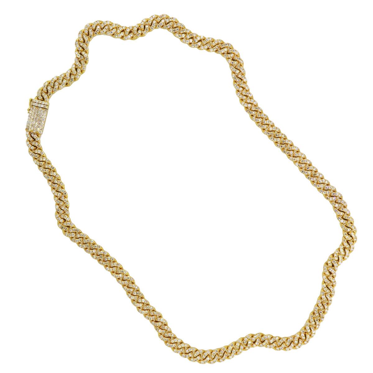 Material 	10k yellow gold
Diamond Details: Approx. 14.80ctw of round cut diamonds. Diamonds are G/H in color and VS in clarity
Measurements: Necklace measures 22″ in length.
Fastening: Tongue in box clasp with safety latch
Item Weight: 75.7g