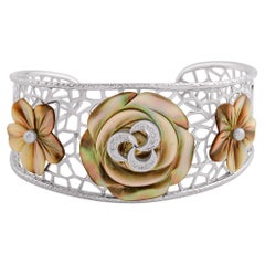 Diamond Pave Cuff Bangle Flower Bracelet Gold Silver Vintage Style Jewelry Gift