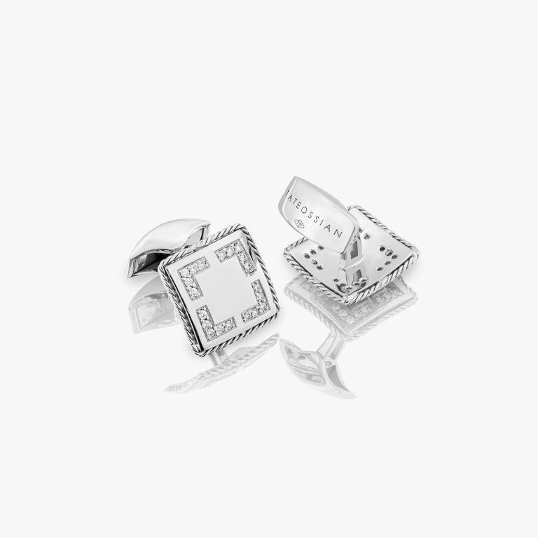 Diamond Pave Cufflinks in 18k White Gold

Four art deco shapes filled with single cut white diamonds elevate our classic square frame creating a subtle sparkle to your sleeve when worn in the natural light. Delicate twisted cables decorate the sides