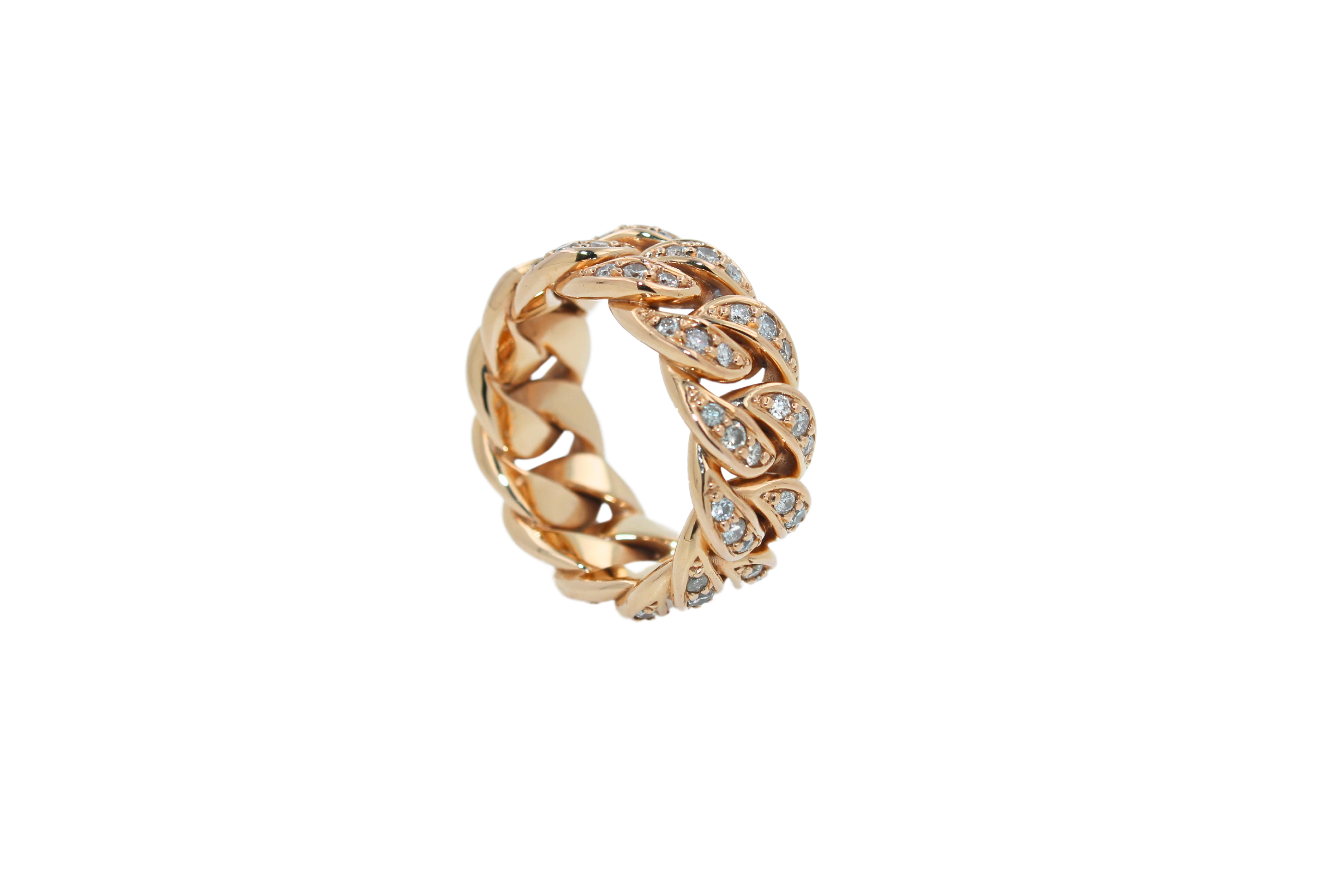 Diamond Pave Curb Cuban Link Chunky Statement Cocktail 18 Karat Rose Gold Ring For Sale