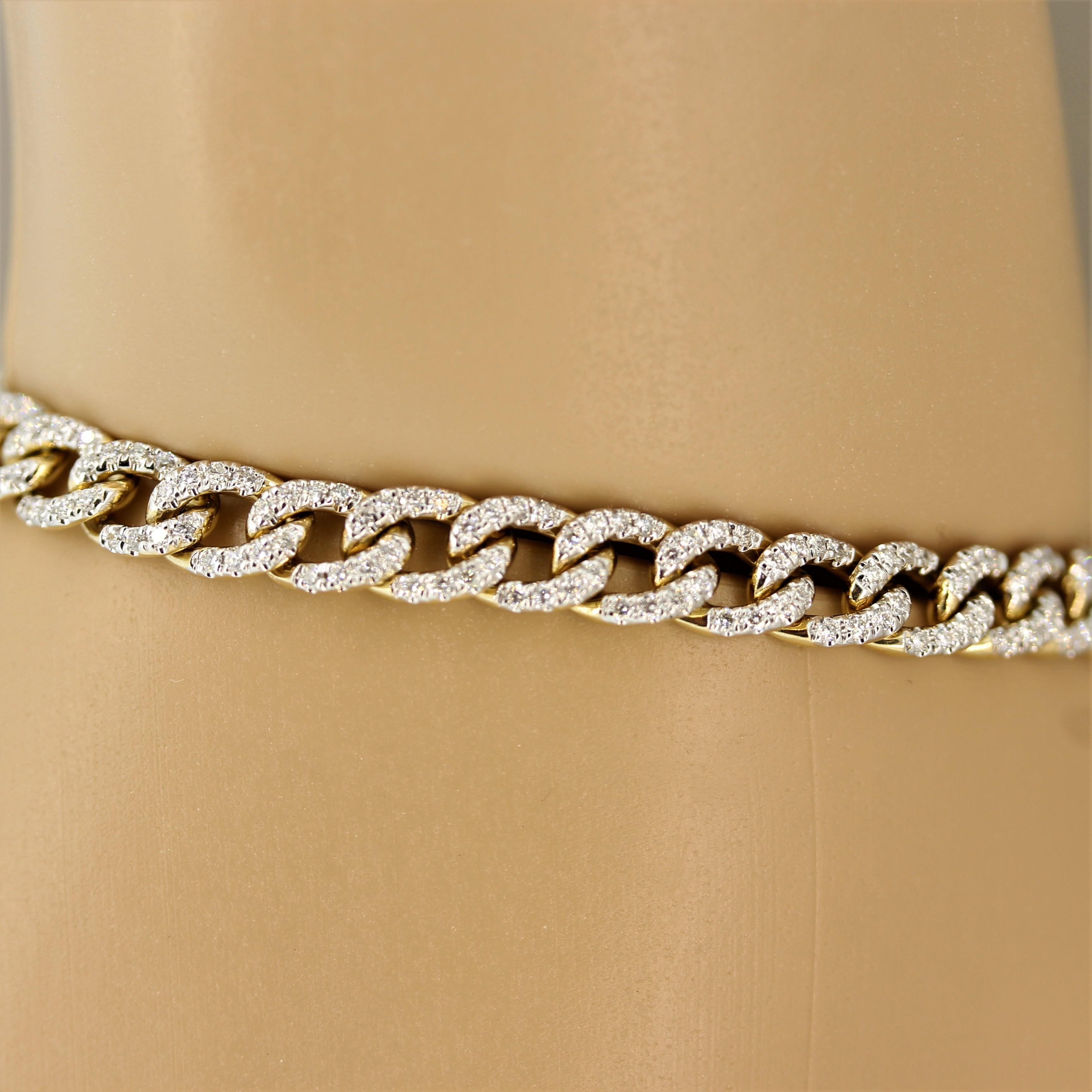 Round Cut Diamond Pave Curb-Link Gold Bracelet