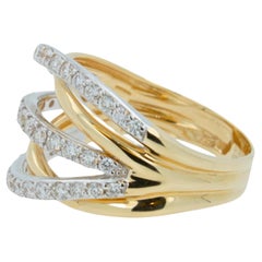 Diamond Pave Curve Spiral Wave Open Twist Cocktail 14 Karat Two Tone Gold Ring