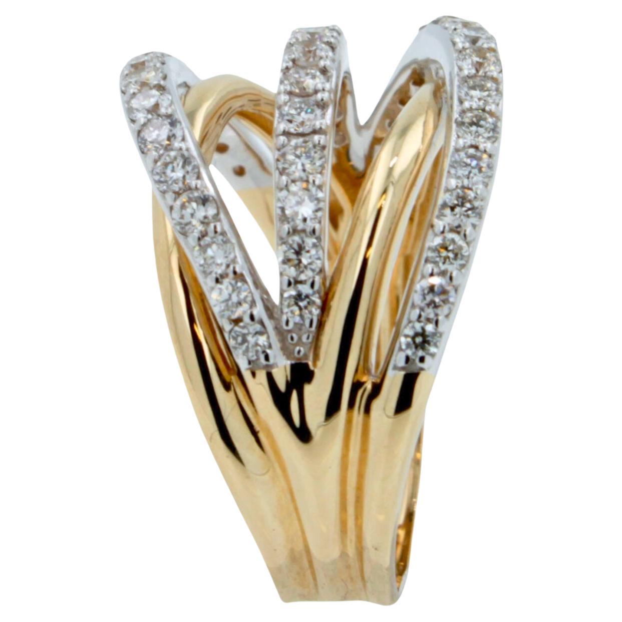 Diamant Pave Curve Spiral Wave Offener Twist Cocktail 14 Karat zweifarbiger Goldring mit Diamanten (Moderne) im Angebot