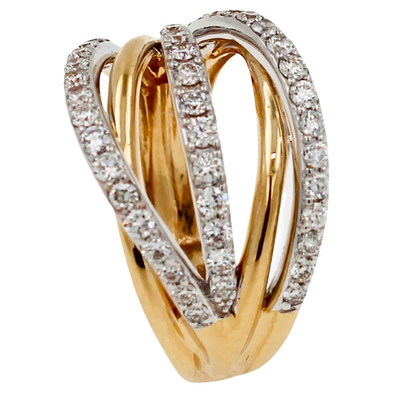 Modern Diamond Pave Curve Spiral Wave Open Twist Cocktail 14 Karat Two Tone Gold Ring For Sale