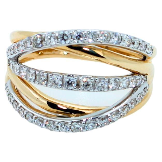Diamond Pave Curve Spiral Wave Open Twist Cocktail 14 Karat Two Tone Gold Ring In New Condition For Sale In Oakton, VA
