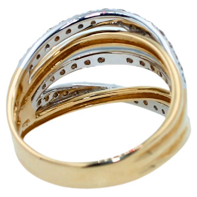 Diamond Pave Curve Spiral Wave Open Twist Cocktail 14 Karat Two Tone Gold Ring For Sale 2