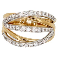 Diamond Pave Curve Spiral Wave Open Twist Cocktail 14 Karat Two Tone Gold Ring