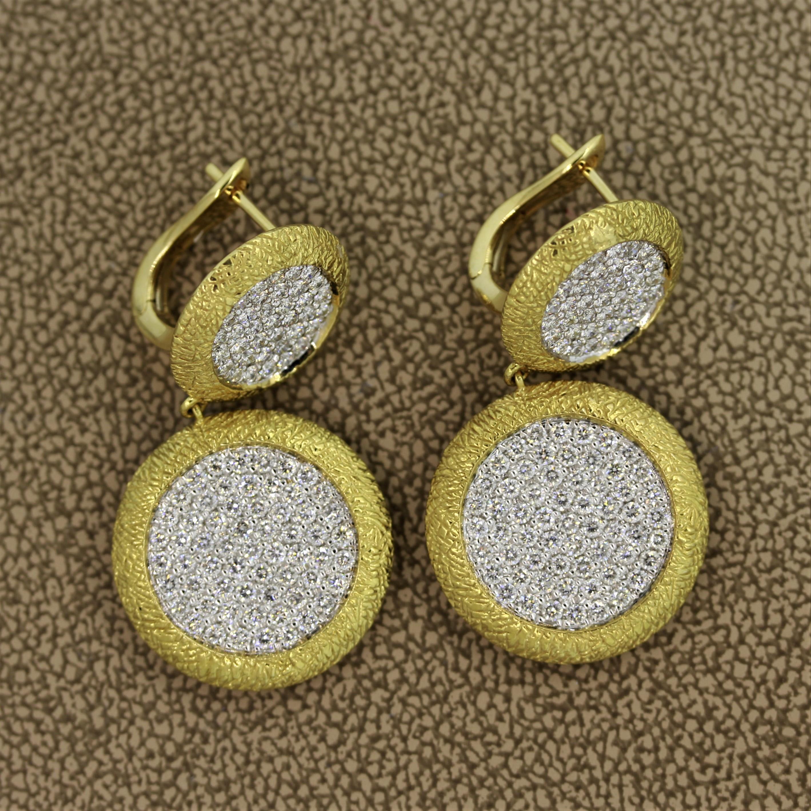 Round Cut Diamond Pavé Disc Gold Drop Earrings