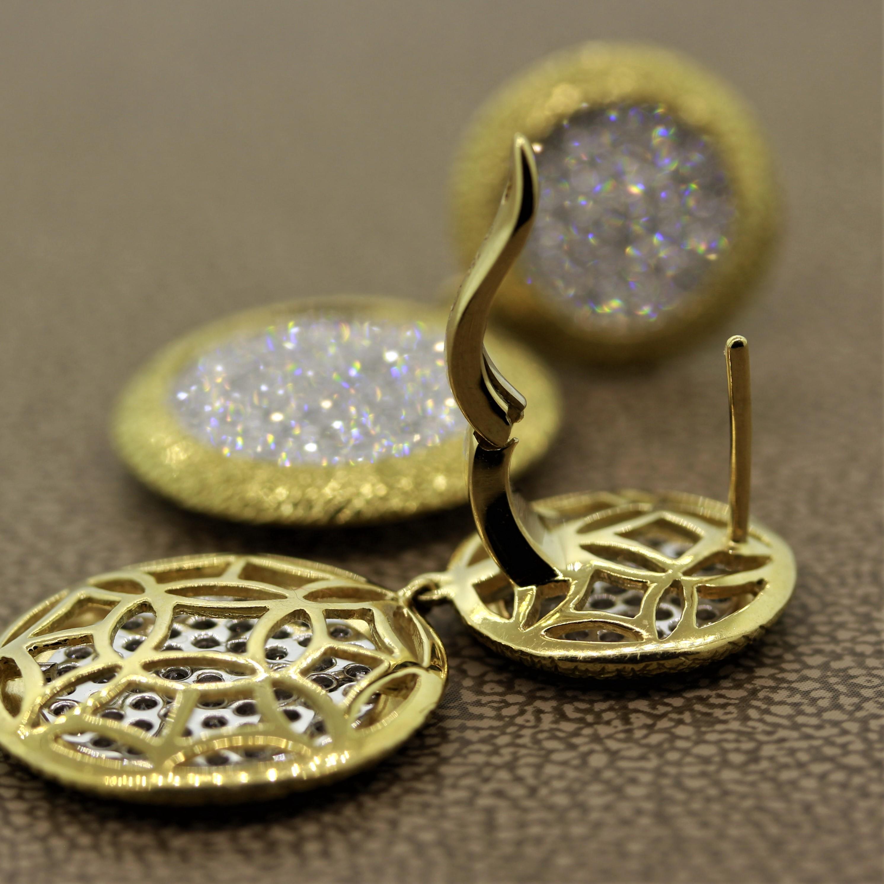 Diamond Pavé Disc Gold Drop Earrings 1